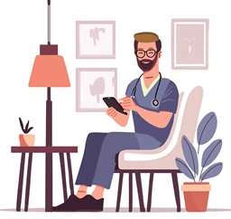Male clinician wearing a blue shirt and stethoscope sits in a chair, looking at a smartphone.