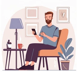 Male clinician wearing a blue shirt and stethoscope sits in a chair, looking at a smartphone.